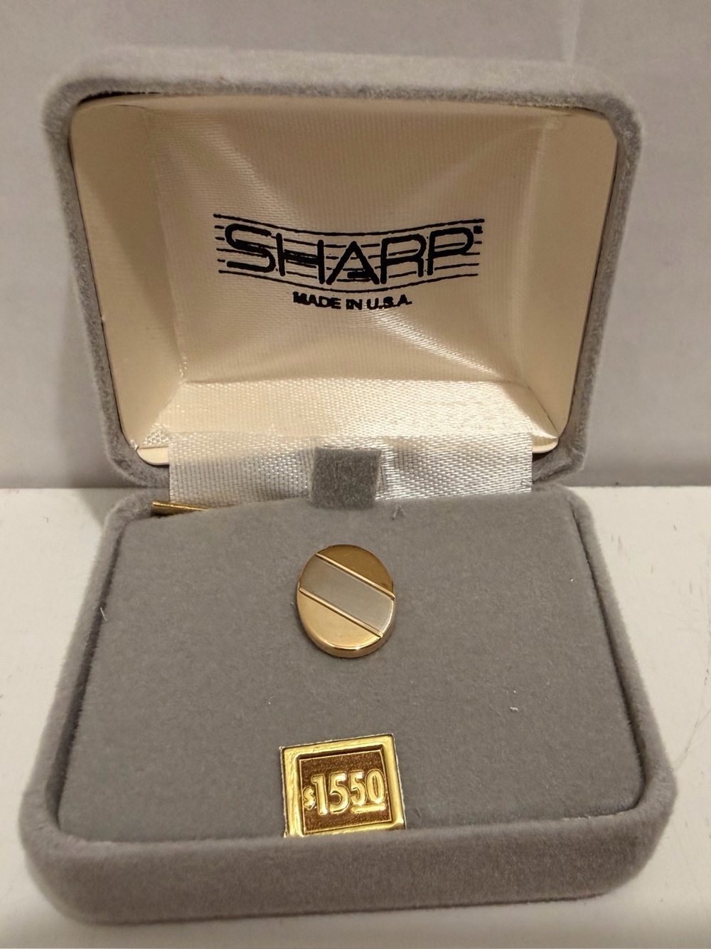Vintage SHARP Made in USA Gold Two Tone Oval Tie Tack Pin w/ Original Box